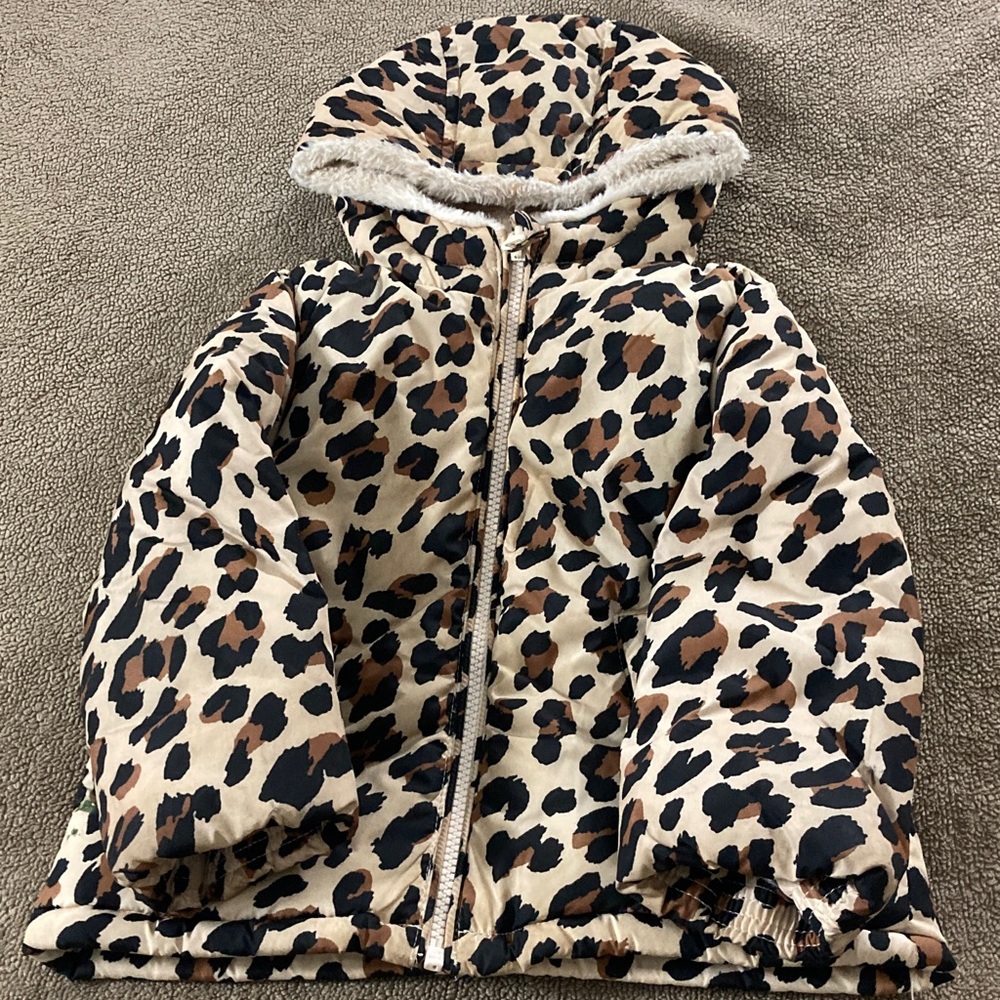 Leopard Print Hooded Puffer Jacket - Brown & Black